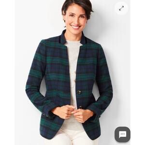 Talbots Black Watch Velvet-Trim Blazer Black Blue Plaid Green Sz 12 Preppy